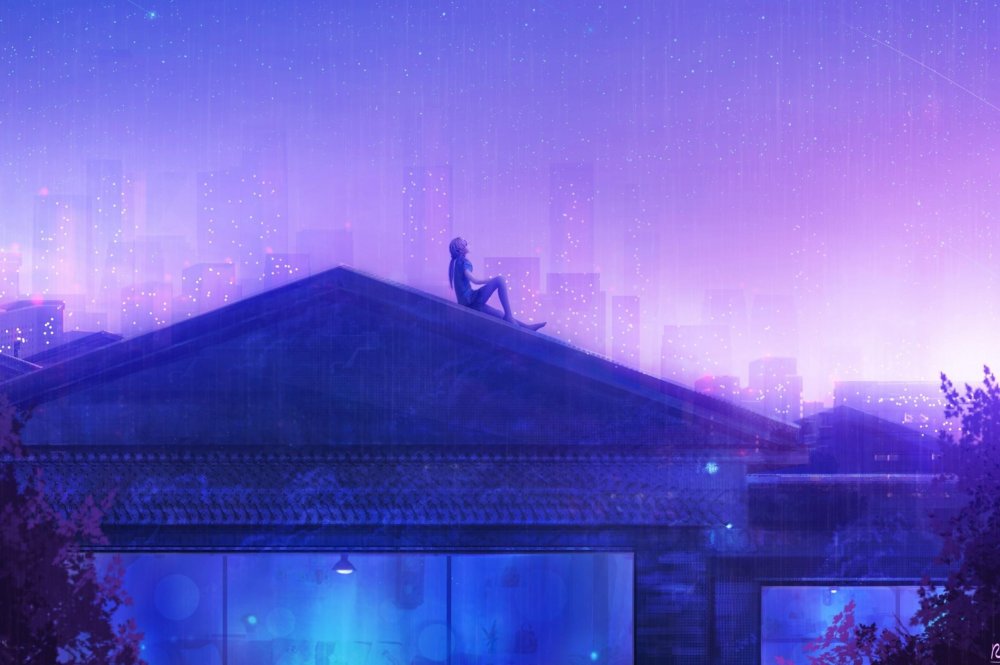 Ночная крыша дома аниме