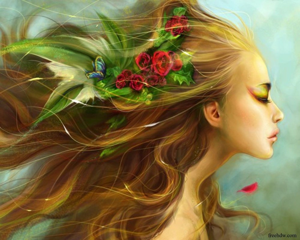 Девушка с цветами в волосах картина