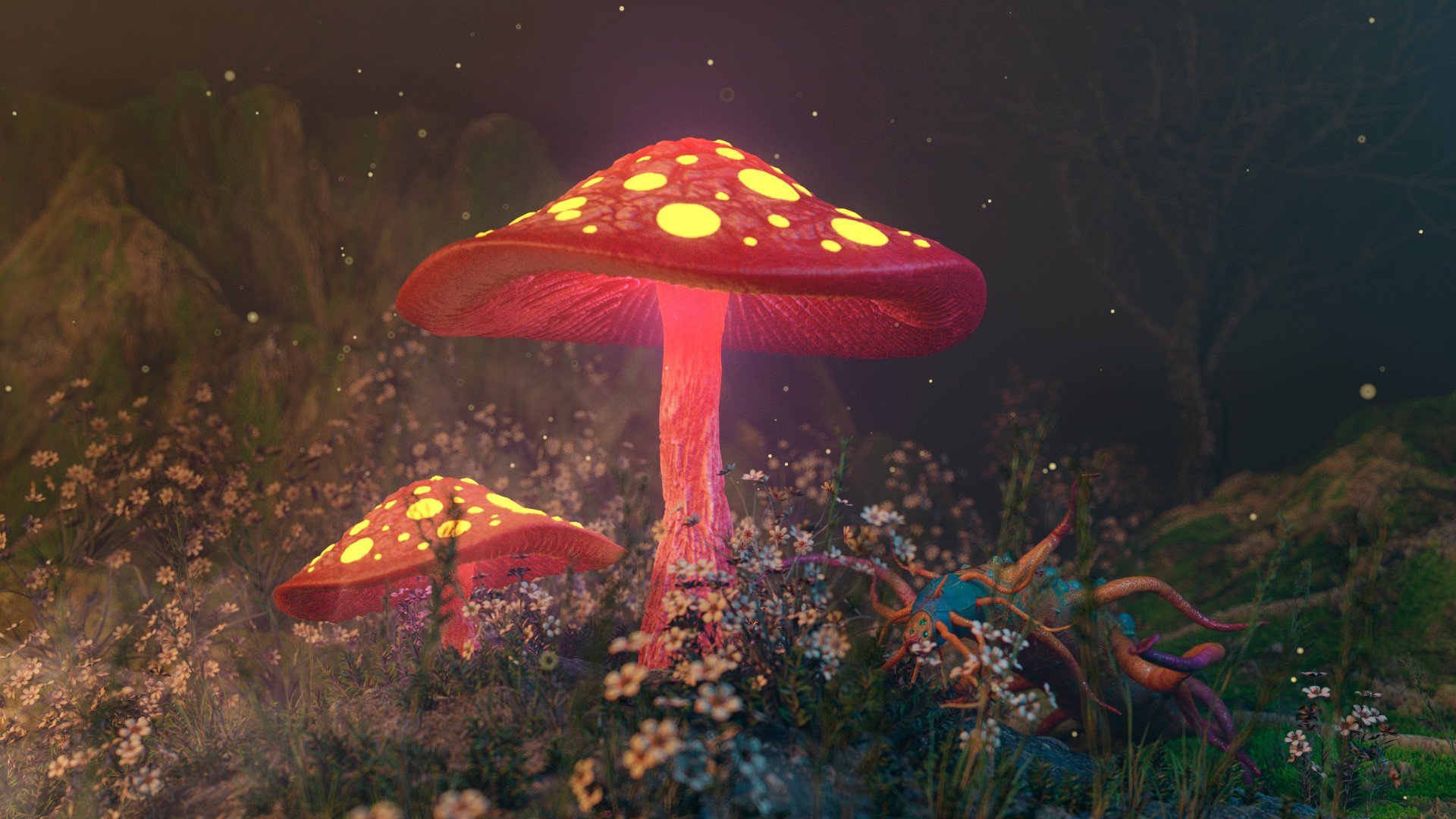 Mushroom oasis на русском. Аманита Мускария психоделика. Мухомор Dreamcore. Биолюминесцентный гриб. Мухомор Геншин.