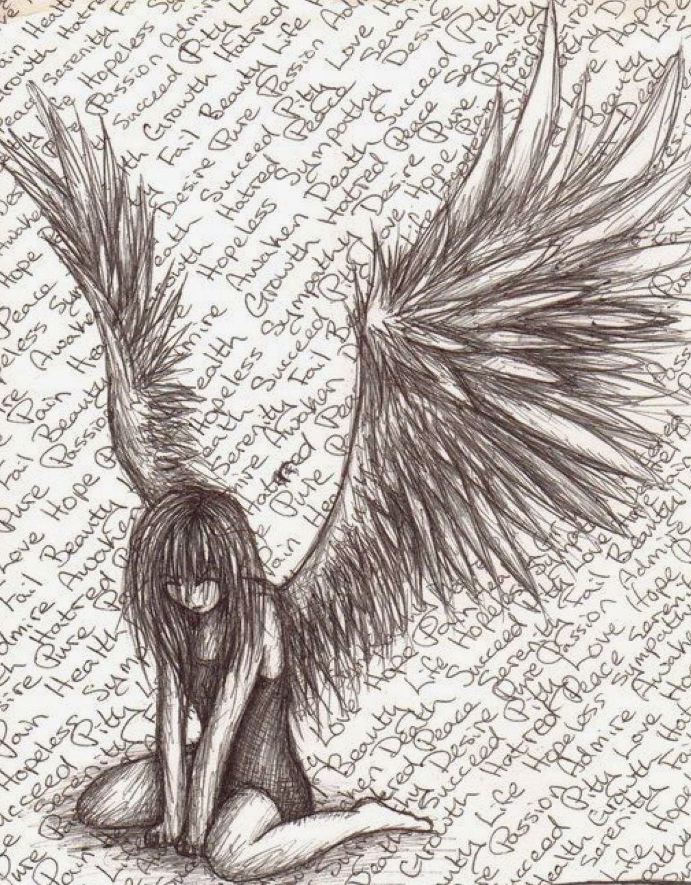 Рисунки ангелов с крыльями карандашом