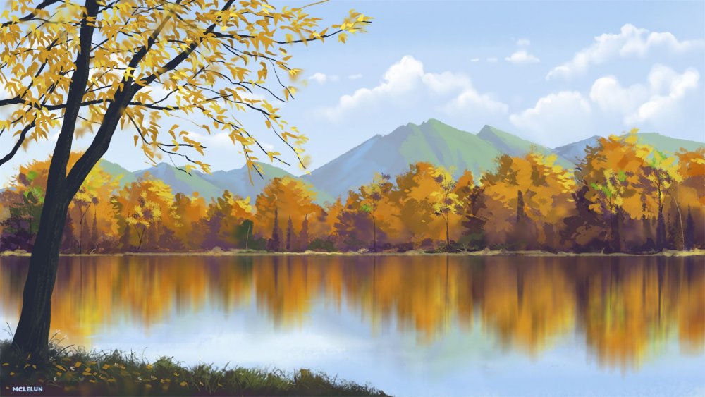 Осенний пейзаж с отражением в воде живопись