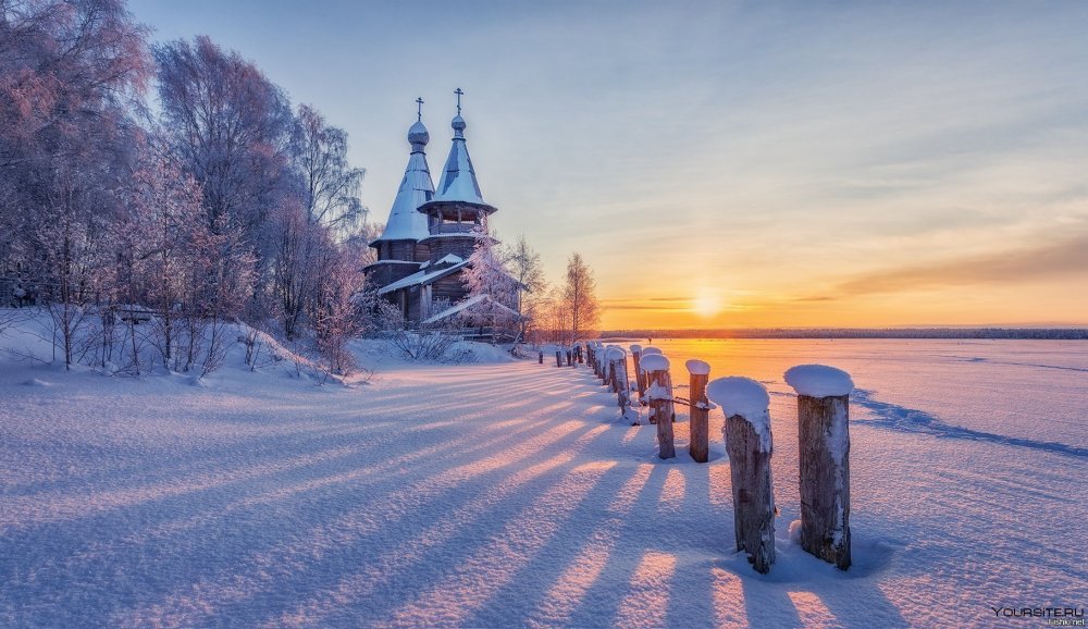 Зима пейзаж Кижи Церковь
