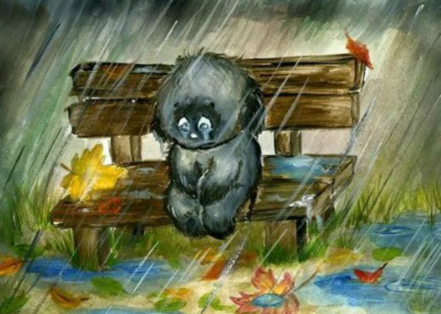 Грустный Медвежонок под дождем