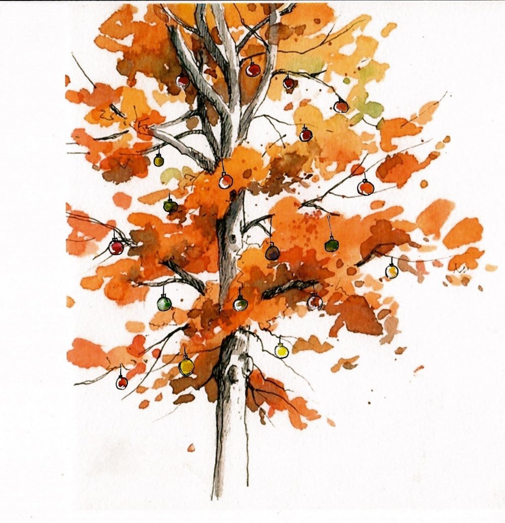Осеннее дерево акварелью