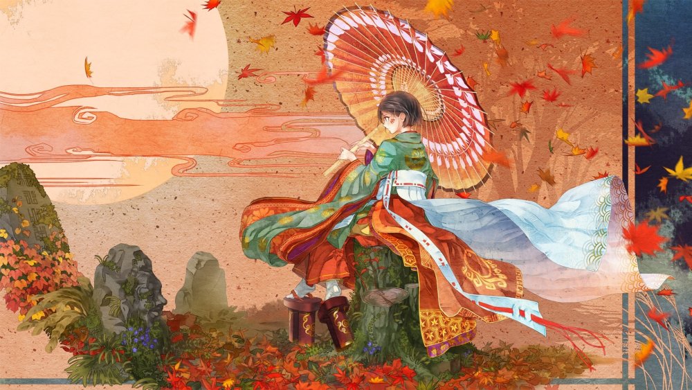 Осень Япония девушка арт