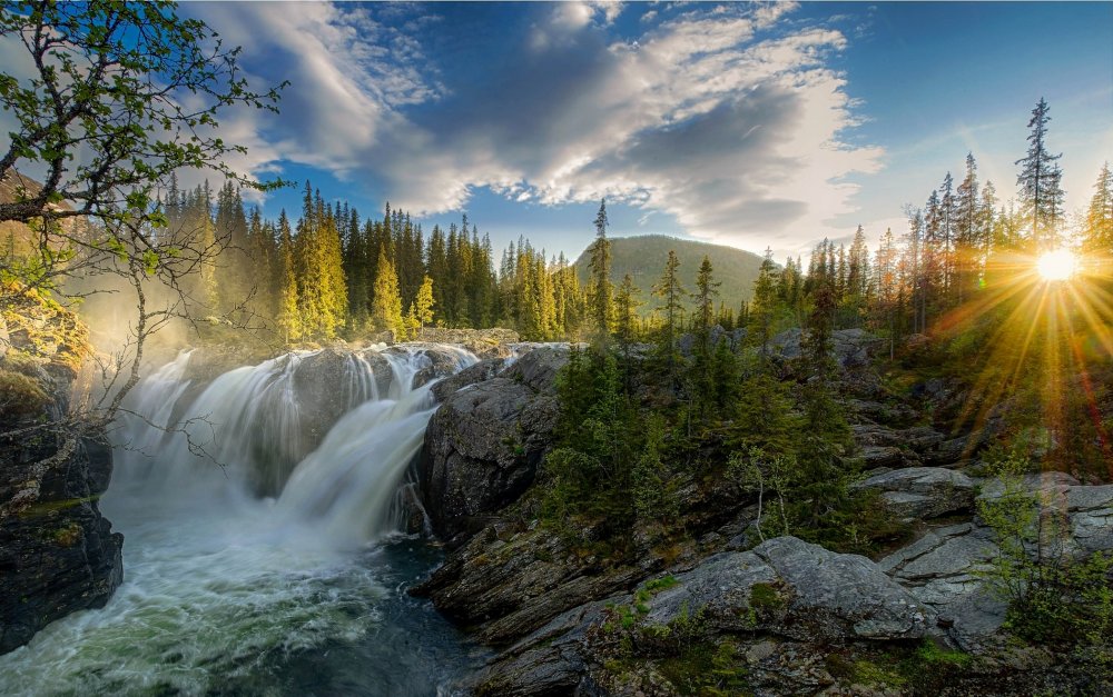 Горы лес водопад