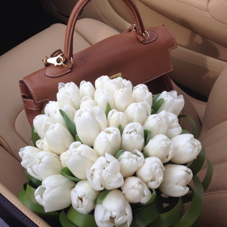 Красивый букет белых тюльпанов в руках