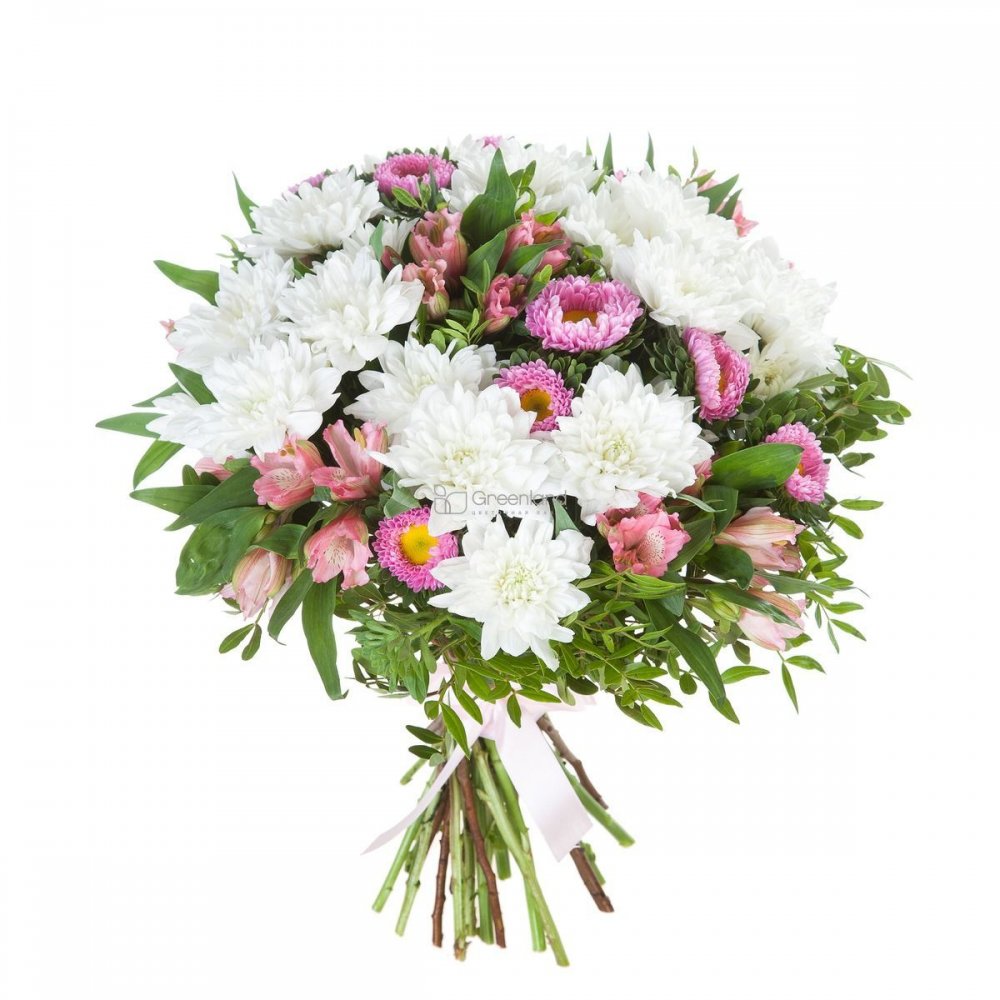Букет хризантемы баккарди с кустовой розой и зеленью с герберами