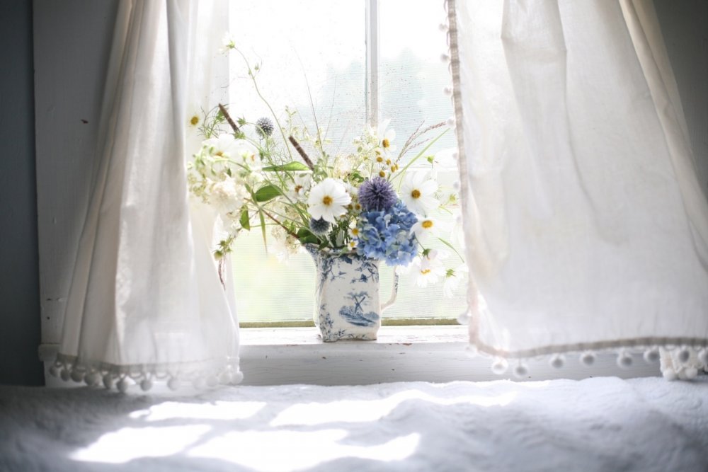 Окно с цветами и занавесками