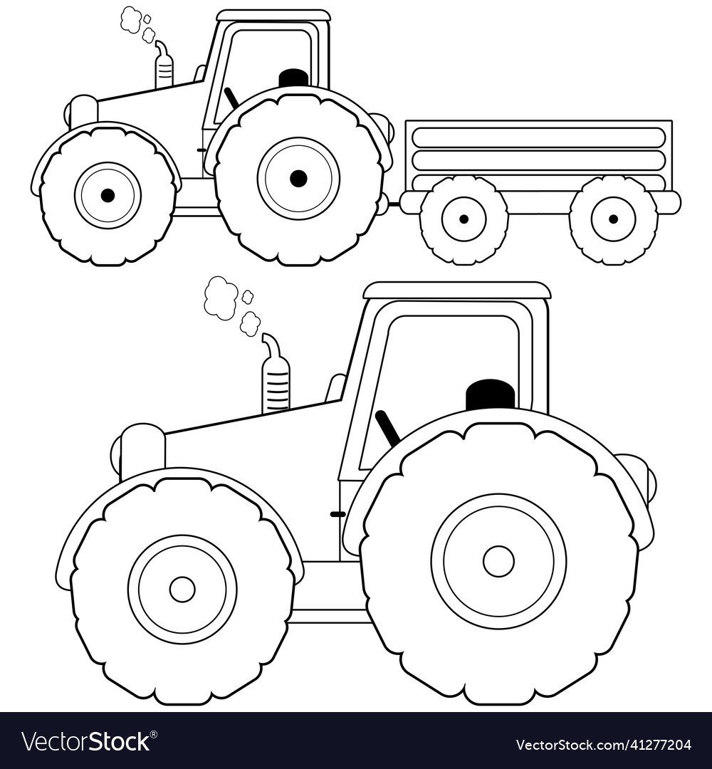 Детский трактор вектор черно-белый