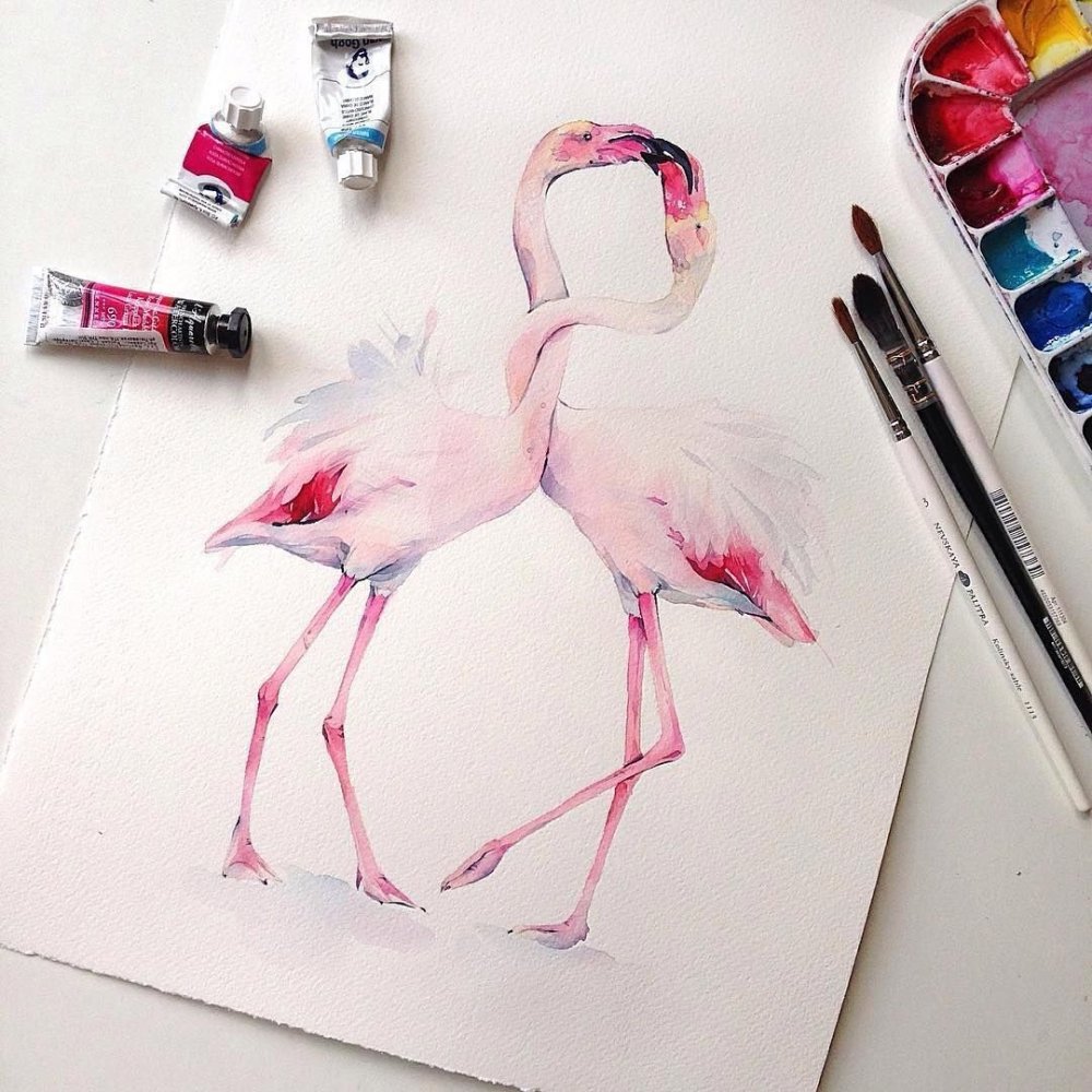 Фламинго скетч акварельный