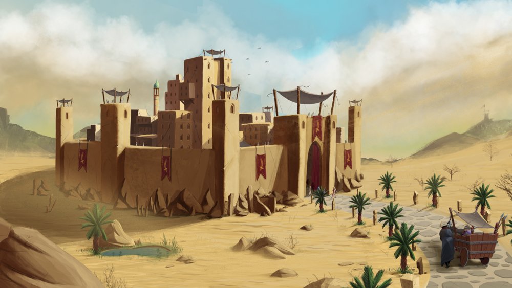 Оазис с замком в пустыне арт
