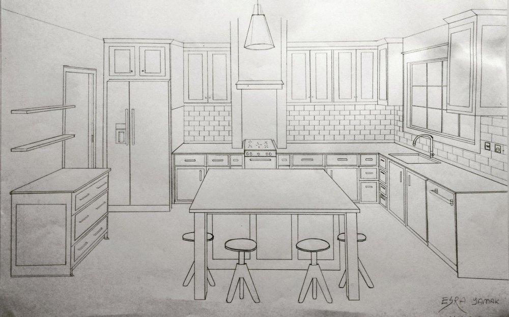 Рисунок комнаты с мебелью кухня