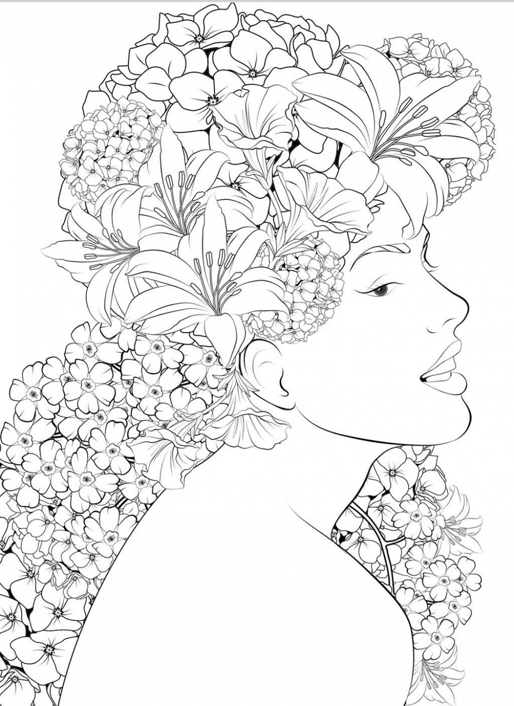 Раскраска сложная девушка с цветами