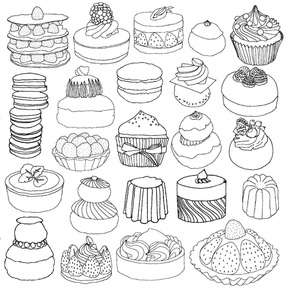 Раскраски тортики и пирожные