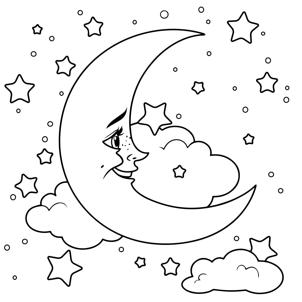 Рисунок для раскрашивания Луна с облаком