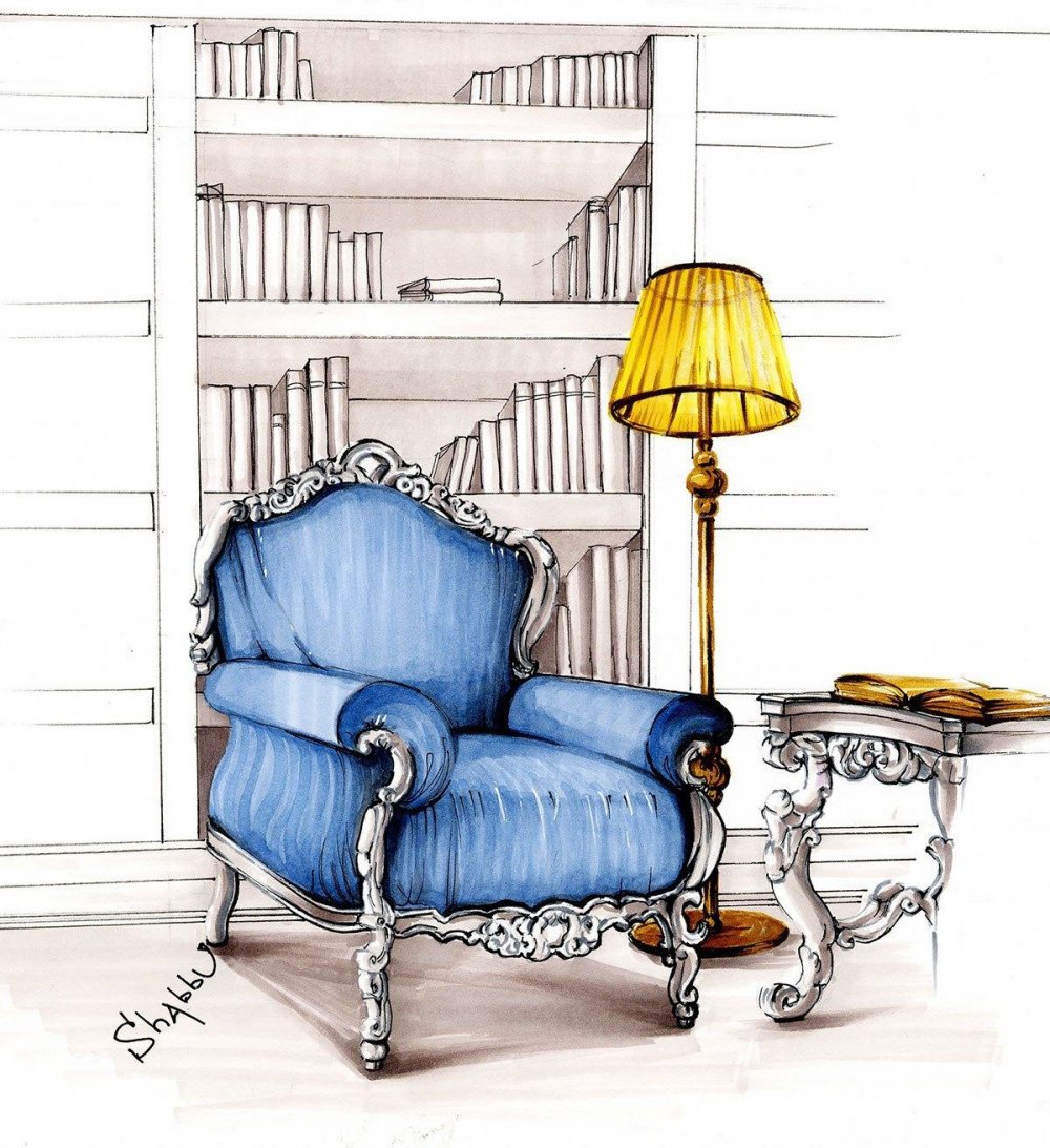Лампа и кресло нарисованные