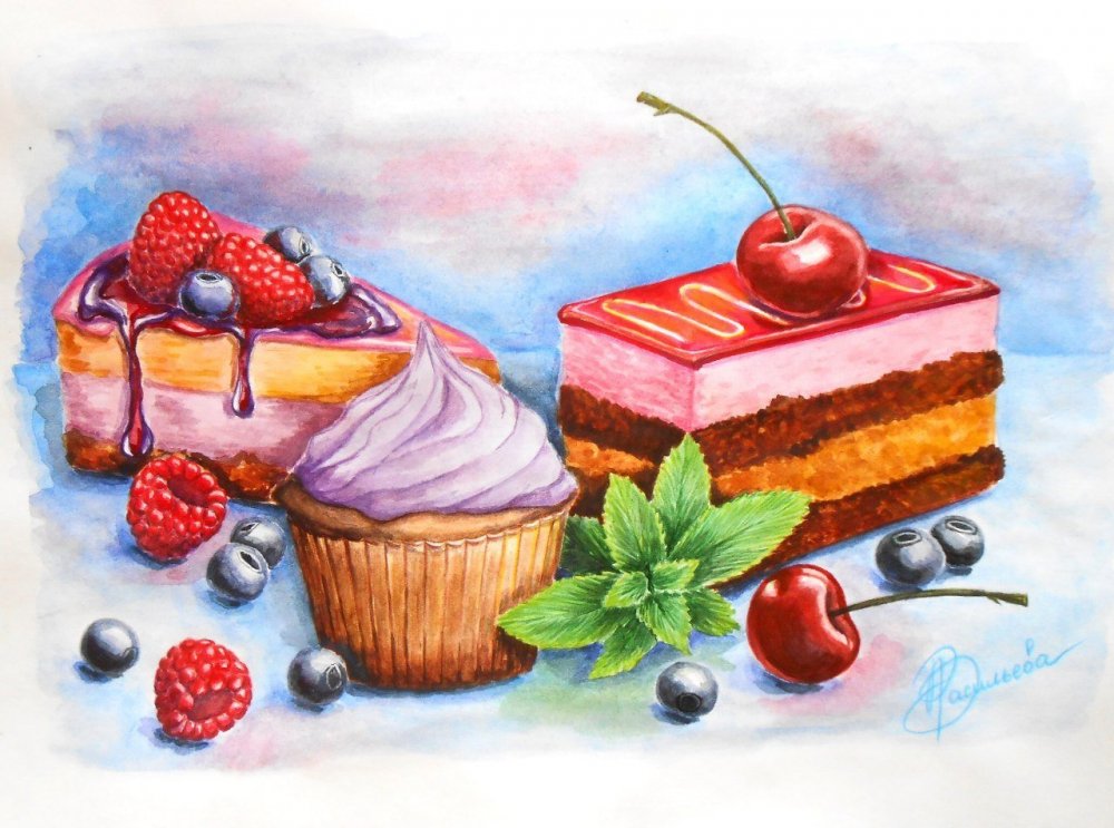 Нарисованный торт капкейк на белом фоне