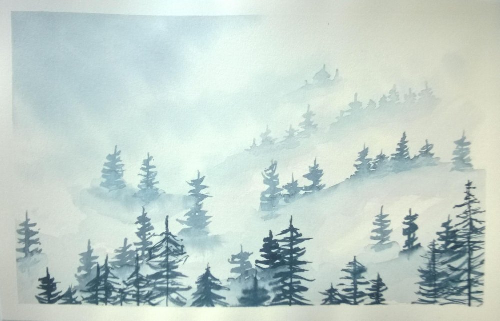 Лес в тумане акварель