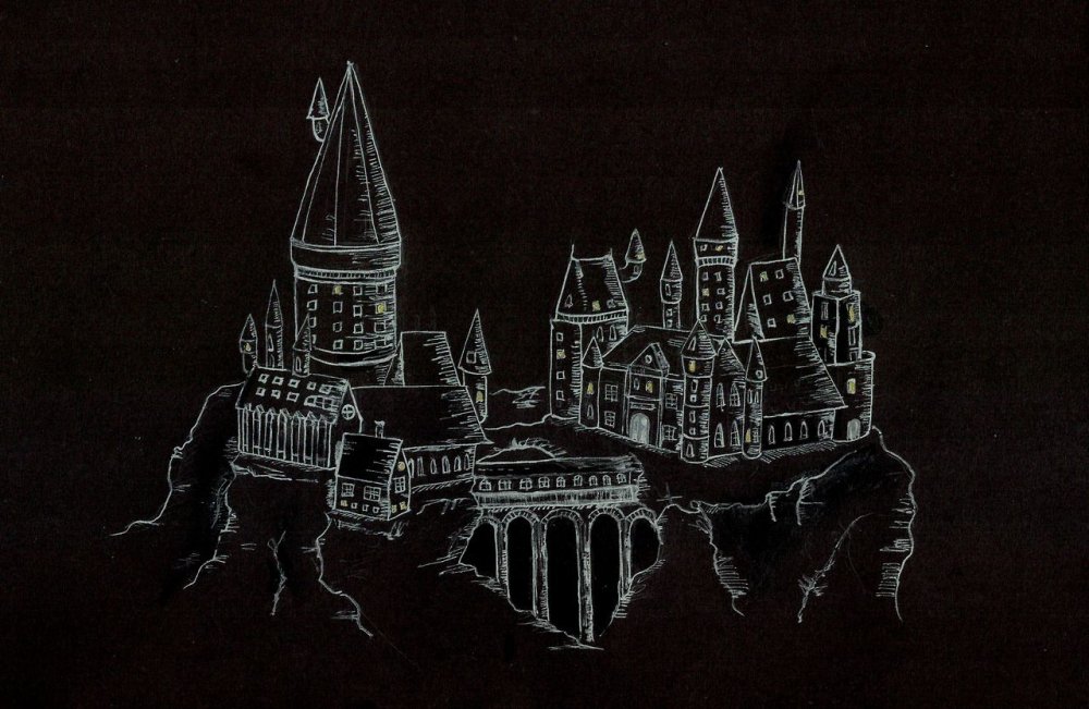Гарри Поттер замок Хогвартс черно белый
