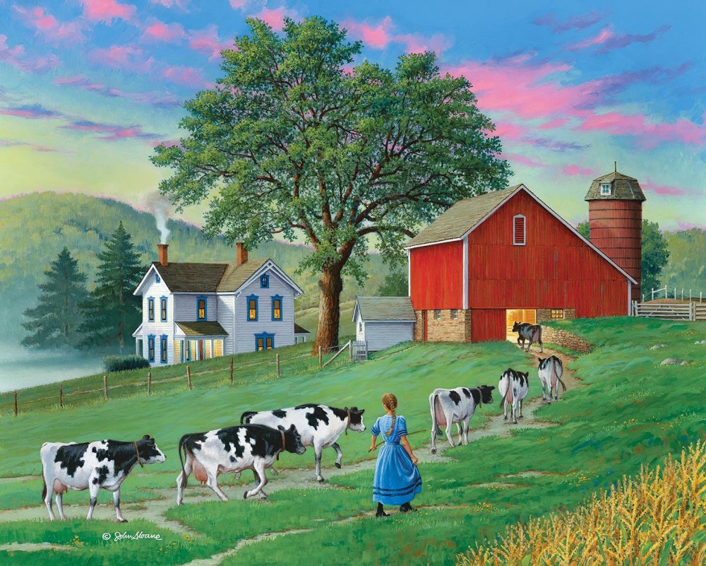 Пейзаж с фермой и коровами арт