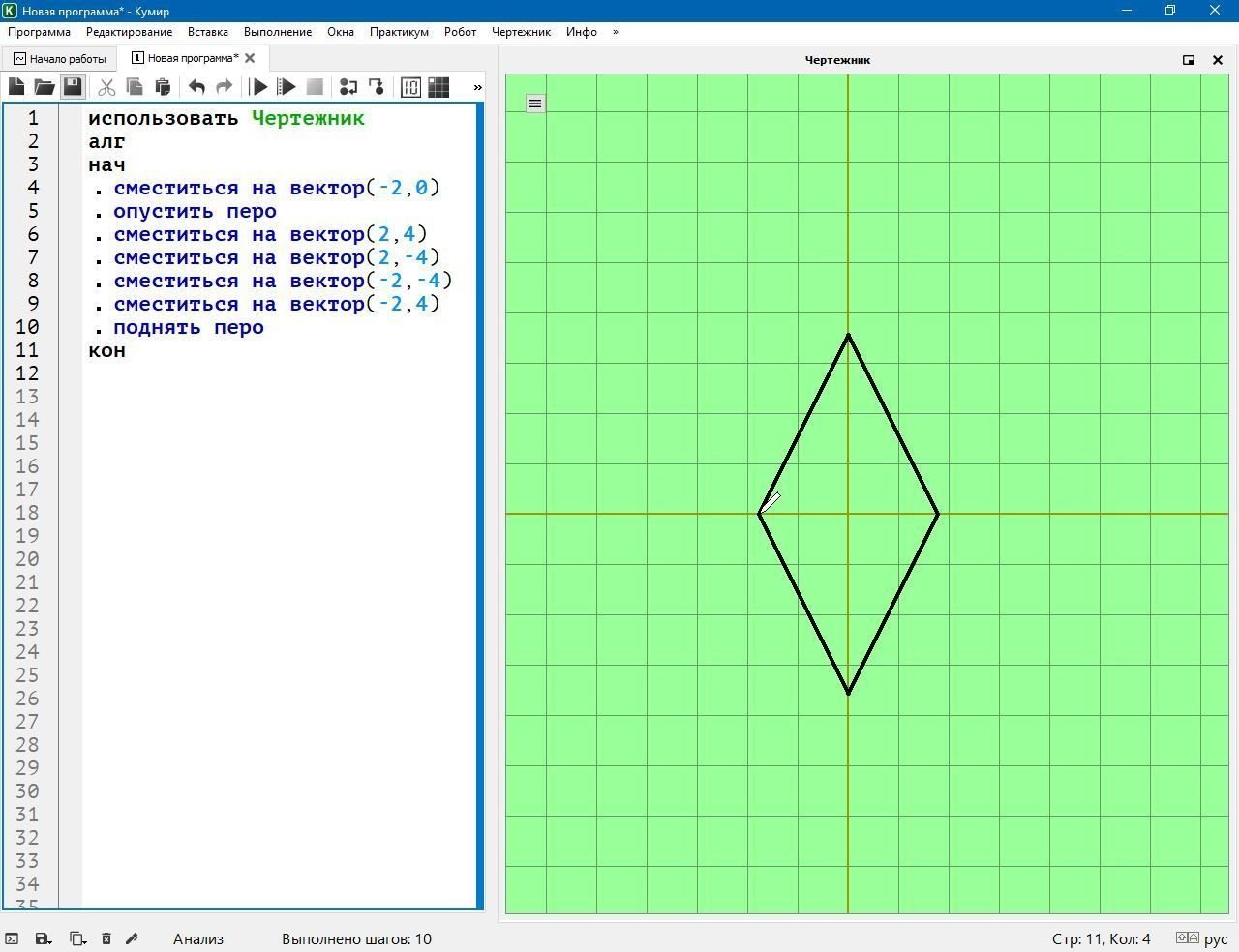 Программа кумир координаты. Чертежник кумир пятиугольник. Алгоритм для чертежника в кумире. Кумир чертежник ромб. Чертежник ромб алгоритм.