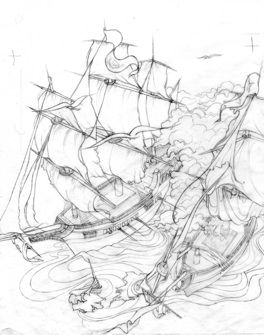 Пиратский корабль карандашом