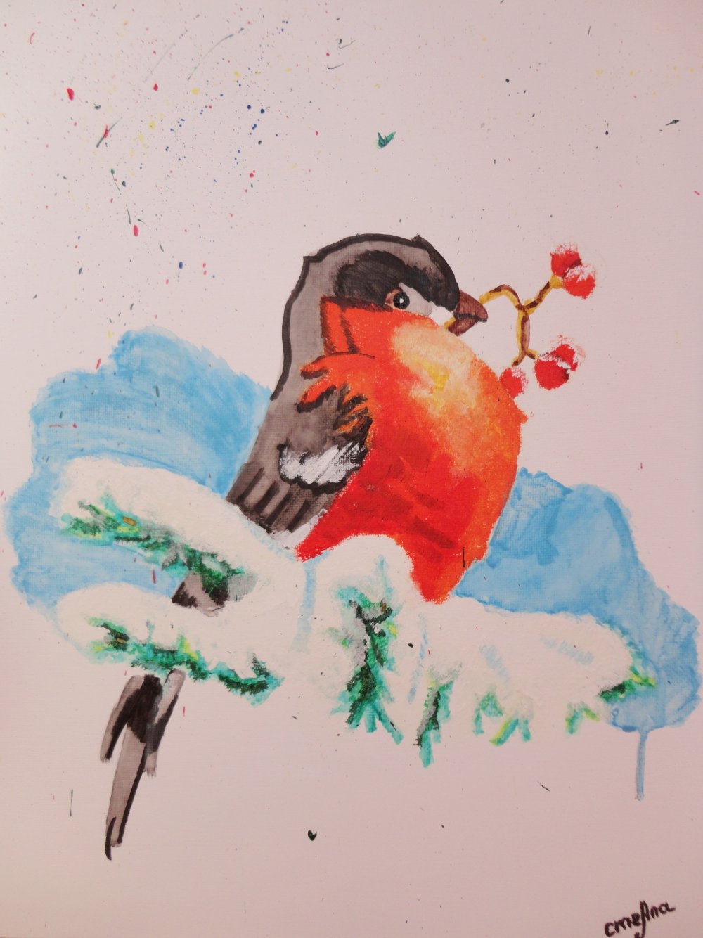 Снегирь рисунок акварелью